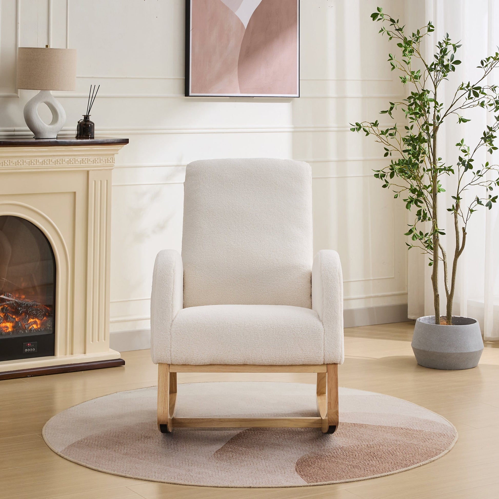 27.2'W Rocking Chair for Nursery, Sherpa Glider Chair with High Back and Side Pocket, Rocking Accent Armchair with Rubber Wood Legs for Living Room/Bedroom.Ivory - 1st Choice Furniture Direct
