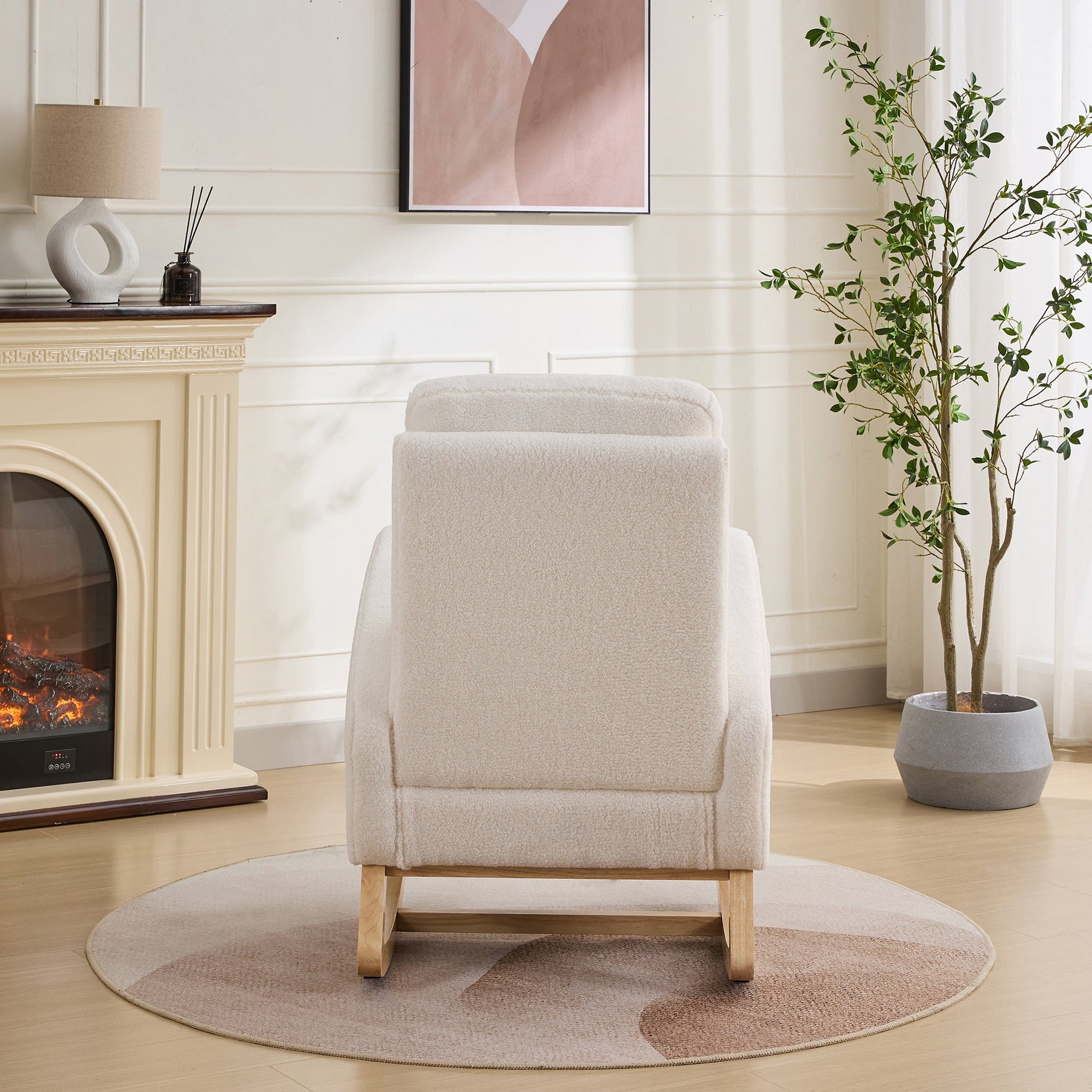 27.2'W Rocking Chair for Nursery, Sherpa Glider Chair with High Back and Side Pocket, Rocking Accent Armchair with Rubber Wood Legs for Living Room/Bedroom.Ivory - 1st Choice Furniture Direct