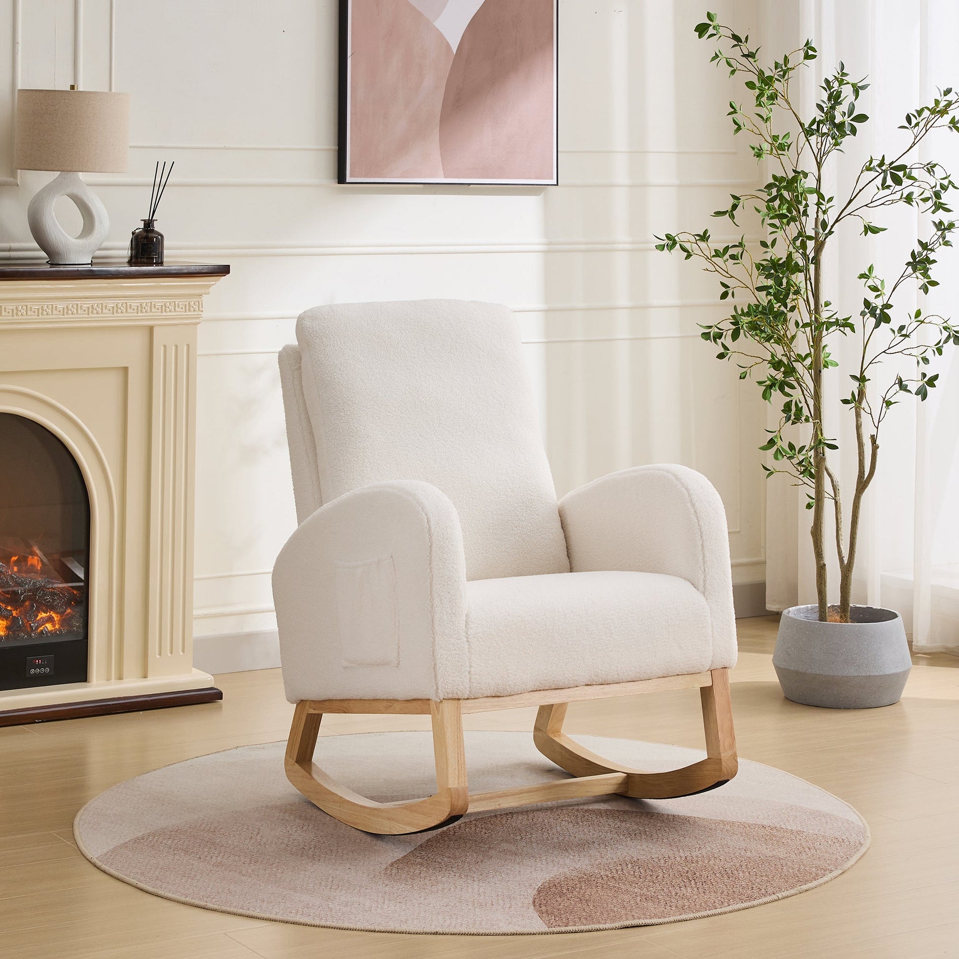 27.2'W Rocking Chair for Nursery, Sherpa Glider Chair with High Back and Side Pocket, Rocking Accent Armchair with Rubber Wood Legs for Living Room/Bedroom.Ivory - 1st Choice Furniture Direct