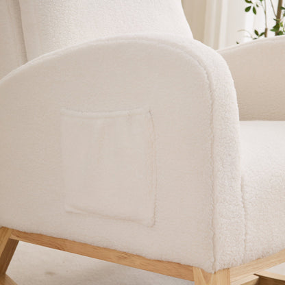 27.2'W Rocking Chair for Nursery, Sherpa Glider Chair with High Back and Side Pocket, Rocking Accent Armchair with Rubber Wood Legs for Living Room/Bedroom.Ivory - 1st Choice Furniture Direct