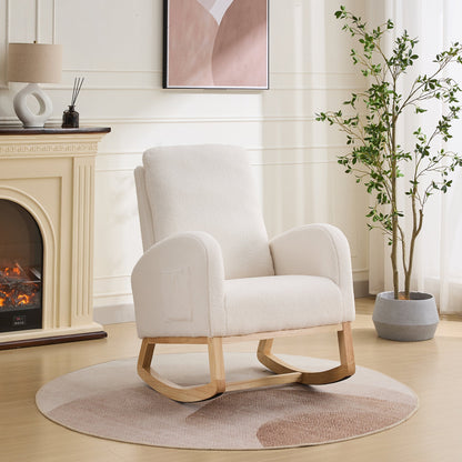 27.2'W Rocking Chair for Nursery, Sherpa Glider Chair with High Back and Side Pocket, Rocking Accent Armchair with Rubber Wood Legs for Living Room/Bedroom.Ivory - 1st Choice Furniture Direct