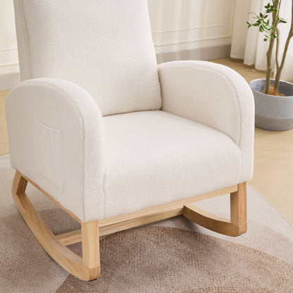 27.2'W Rocking Chair for Nursery, Sherpa Glider Chair with High Back and Side Pocket, Rocking Accent Armchair with Rubber Wood Legs for Living Room/Bedroom.Ivory - 1st Choice Furniture Direct