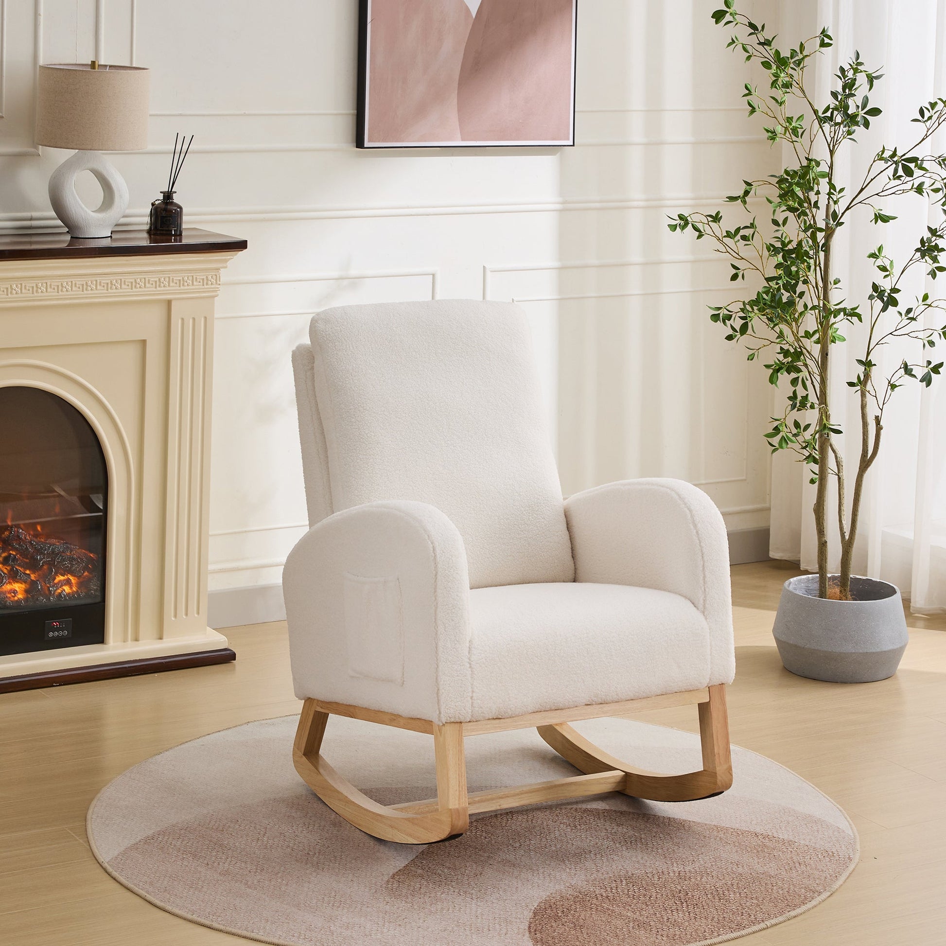 27.2'W Rocking Chair for Nursery, Sherpa Glider Chair with High Back and Side Pocket, Rocking Accent Armchair with Rubber Wood Legs for Living Room/Bedroom.Ivory - 1st Choice Furniture Direct