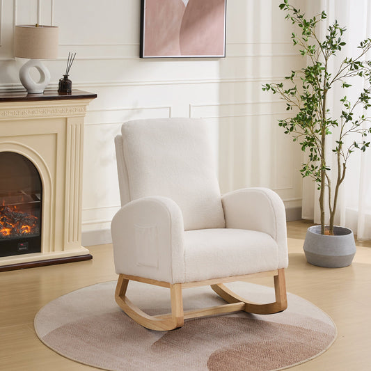 27.2'W Rocking Chair for Nursery, Sherpa Glider Chair with High Back and Side Pocket, Rocking Accent Armchair with Rubber Wood Legs for Living Room/Bedroom.Ivory - 1st Choice Furniture Direct