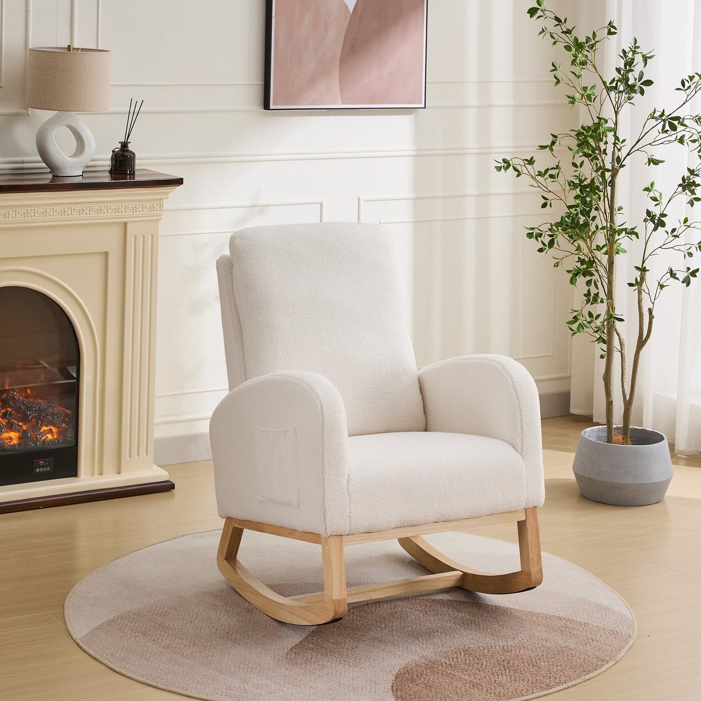 27.2'W Rocking Chair for Nursery, Sherpa Glider Chair with High Back and Side Pocket, Rocking Accent Armchair with Rubber Wood Legs for Living Room/Bedroom.Ivory - 1st Choice Furniture Direct