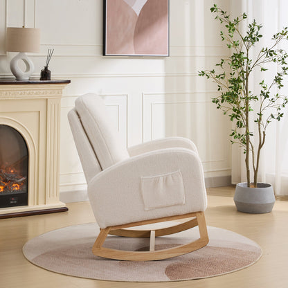 27.2'W Rocking Chair for Nursery, Sherpa Glider Chair with High Back and Side Pocket, Rocking Accent Armchair with Rubber Wood Legs for Living Room/Bedroom.Ivory - 1st Choice Furniture Direct
