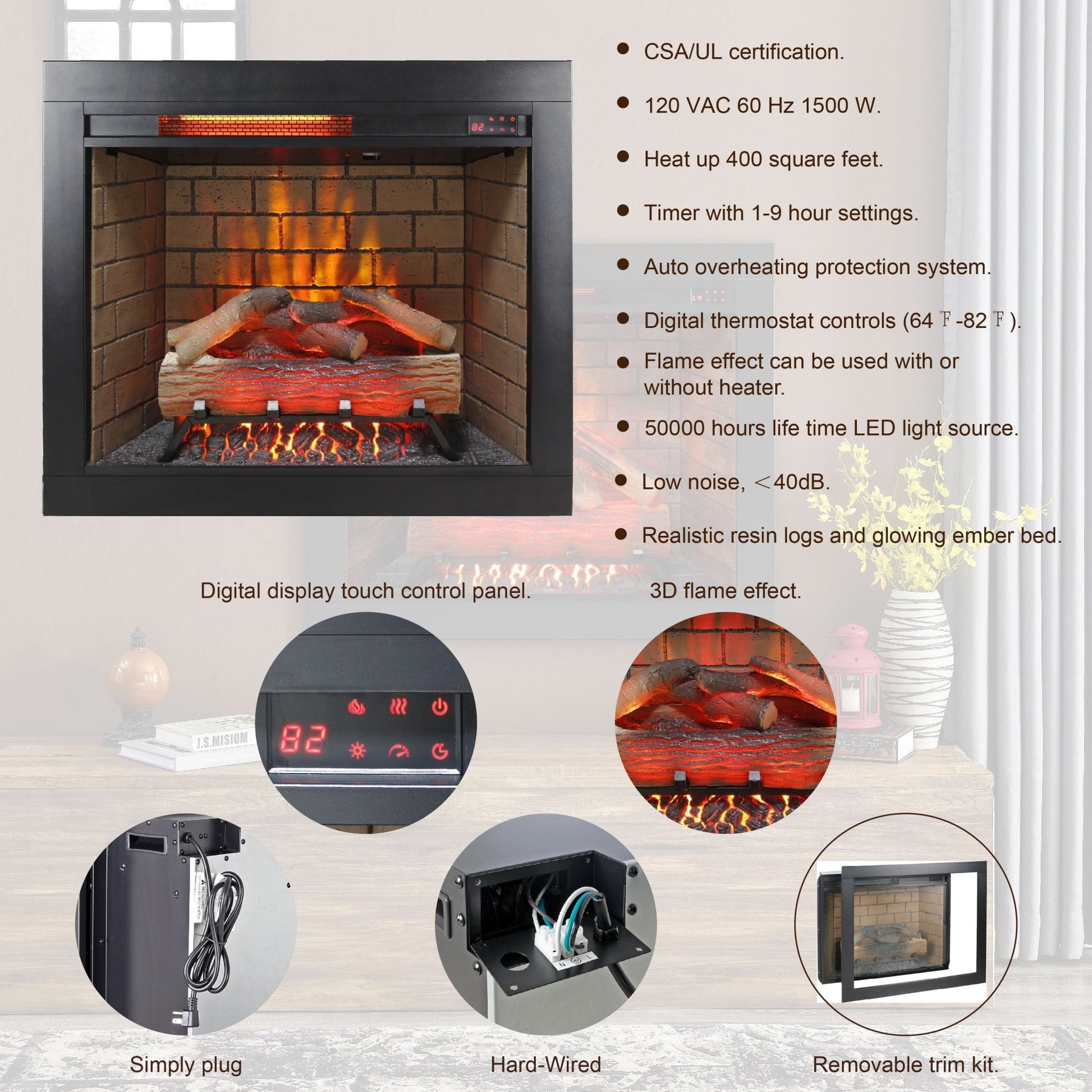 28 inch Infrared Electric Fireplace with Removable Trim kit Insert, Touch Panel Home Decor Heater, Smokeless Firebox With Fire Crackling Sound - 1st Choice Furniture Direct