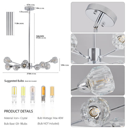 28' Modern Crystal Chandeliers, 9 Lights Chrome Chandelier for Living Room Bedroom, Dining Room Chandelier Over Table, Kitchen Light Fixtures (Bulbs Not Included) - 1st Choice Furniture Direct
