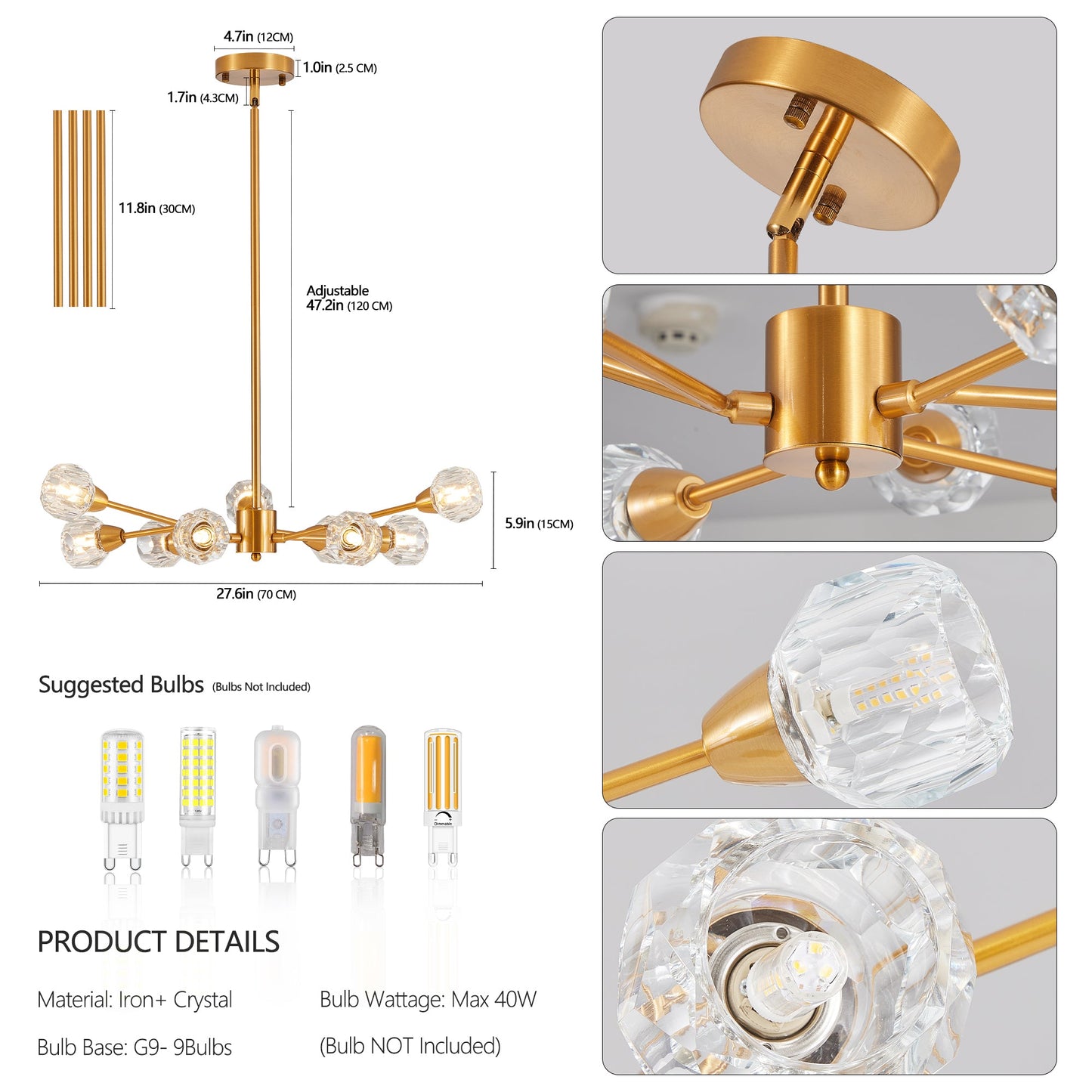 28' Modern Crystal Chandeliers, 9 Lights Golden Chandelier for Living Room Bedroom, Dining Room Chandelier Over Table, Kitchen Light Fixtures (Bulbs Not Included) - 1st Choice Furniture Direct