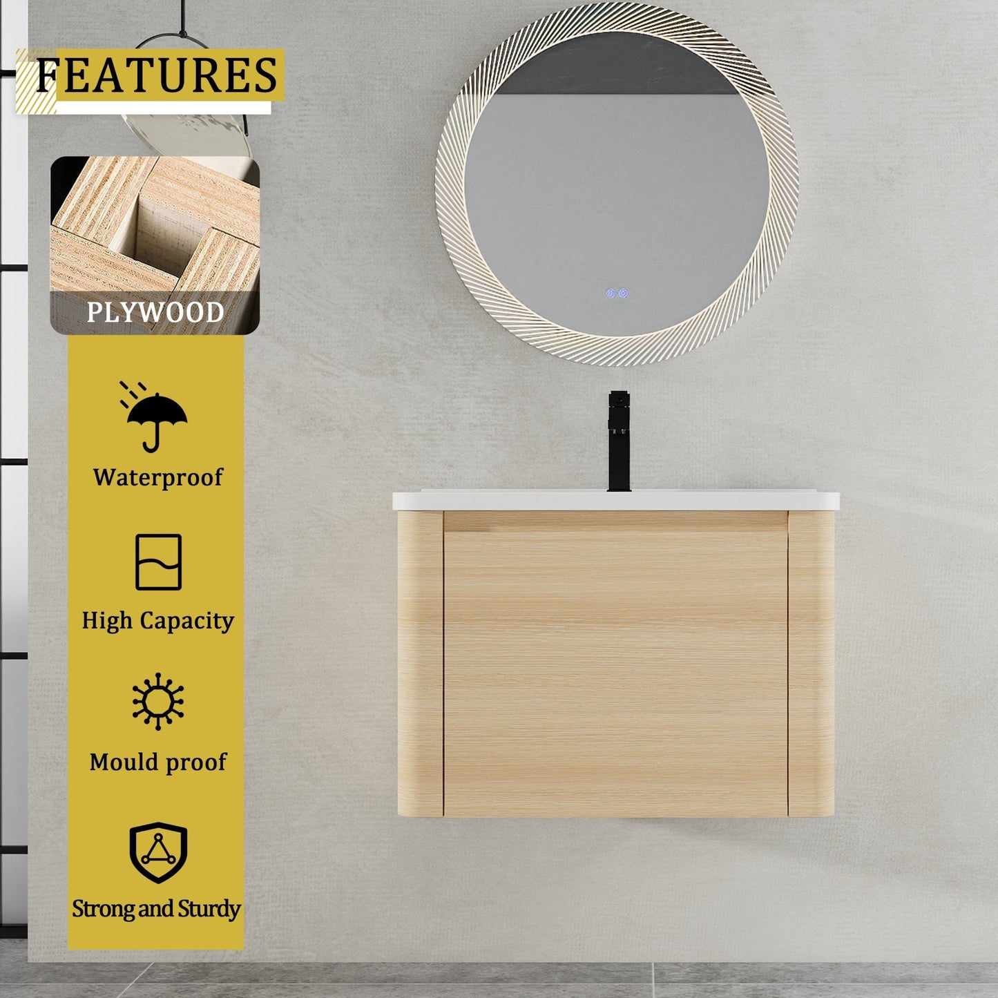 28'' Wall - Mounted Bathroom Vanity with White Ceramic Sink & 1 - Soft - Close Door, KD - Packing, Plywood, American White Oak - 1st Choice Furniture Direct