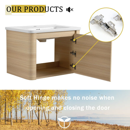 28'' Wall - Mounted Bathroom Vanity with White Ceramic Sink & 1 - Soft - Close Door, KD - Packing, Plywood, American White Oak - 1st Choice Furniture Direct