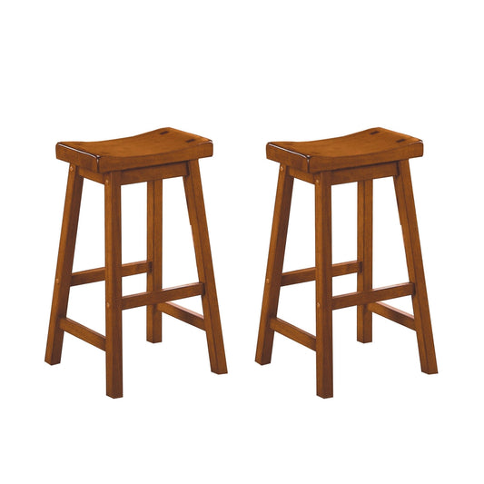 29” Bar Height Saddle Seat Stools Set of 2 | Solid Wood Oak Finish Bar Stools - 1st Choice Furniture Direct