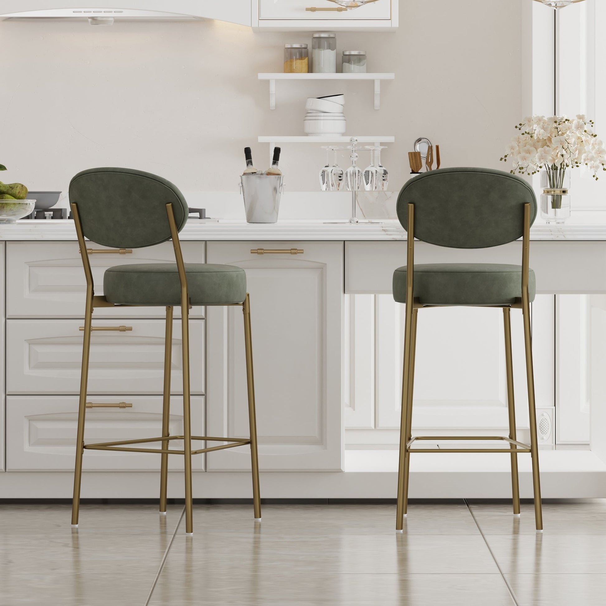 29'' H Seat Height Upholstered Bar Stools Set of 2 Faux Leather Counter Dining Stool with Golden Legs Modern Round Kitchen Chairs (Green) - 1st Choice Furniture Direct