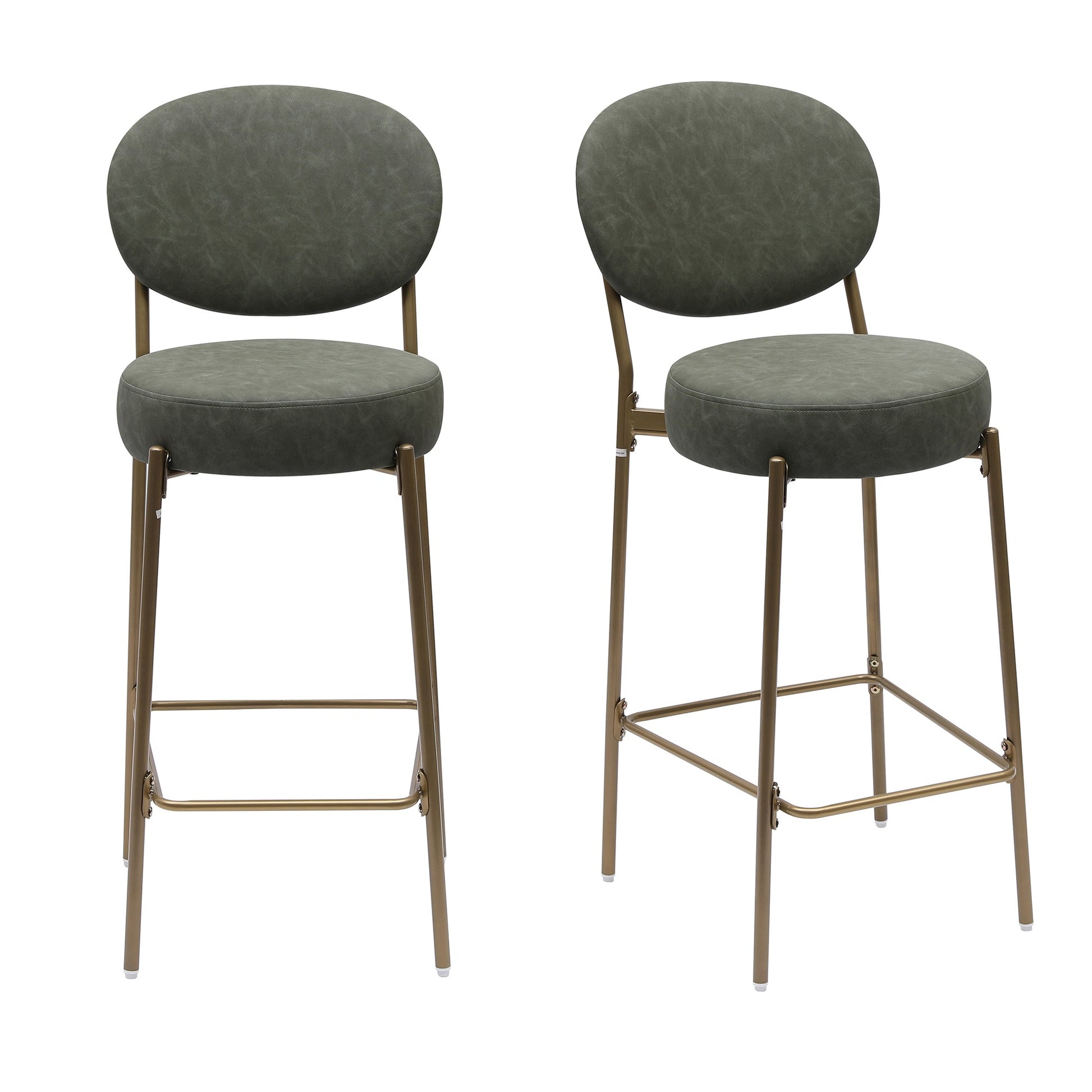29'' H Seat Height Upholstered Bar Stools Set of 2 Faux Leather Counter Dining Stool with Golden Legs Modern Round Kitchen Chairs (Green) - 1st Choice Furniture Direct