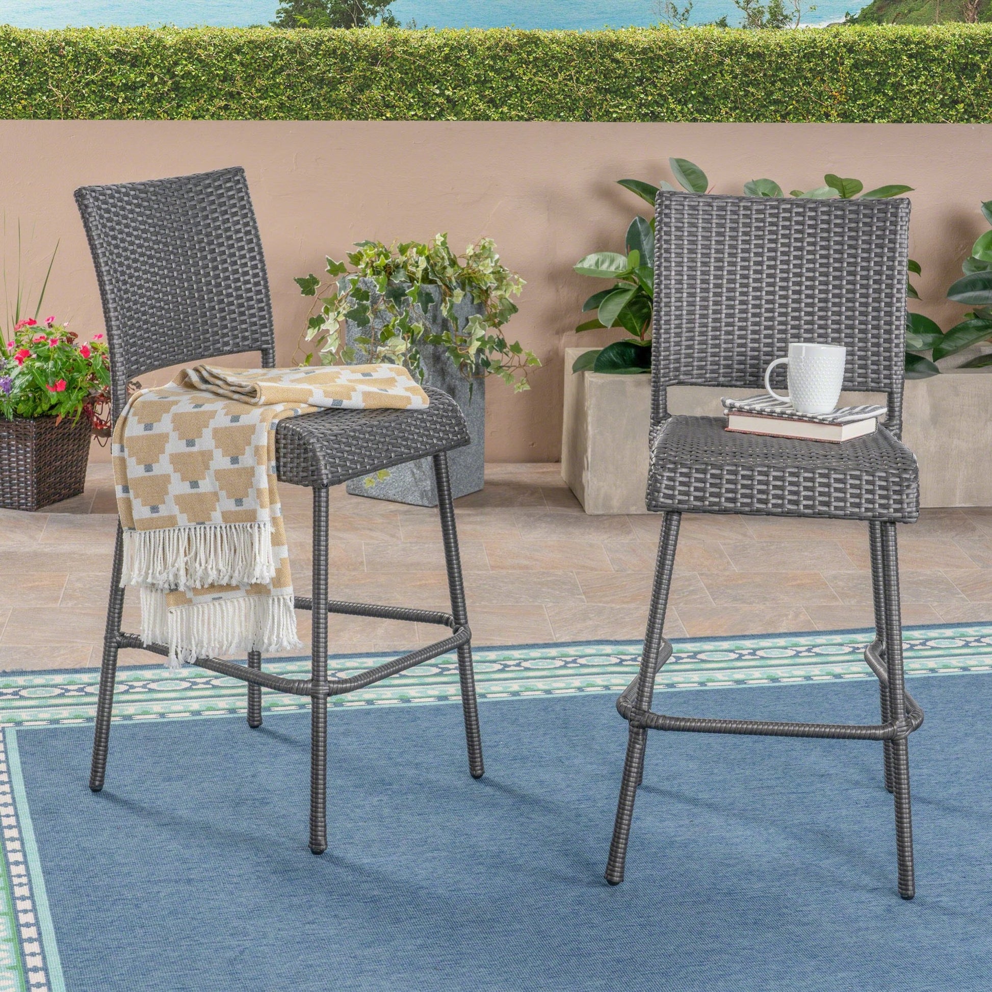 29' Outdoors PE Rattan Armless Barstools, Set of 2, Grey - 1st Choice Furniture Direct