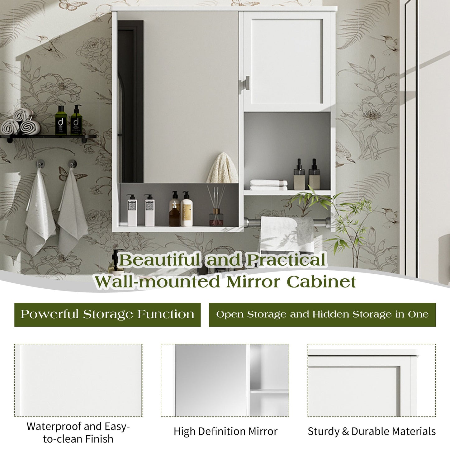 29” Wall Mounted Bathroom Medicine Cabinet with Mirror | White Storage Cabinet with Adjustable Shelves & Towel Bar - 1st Choice Furniture Direct