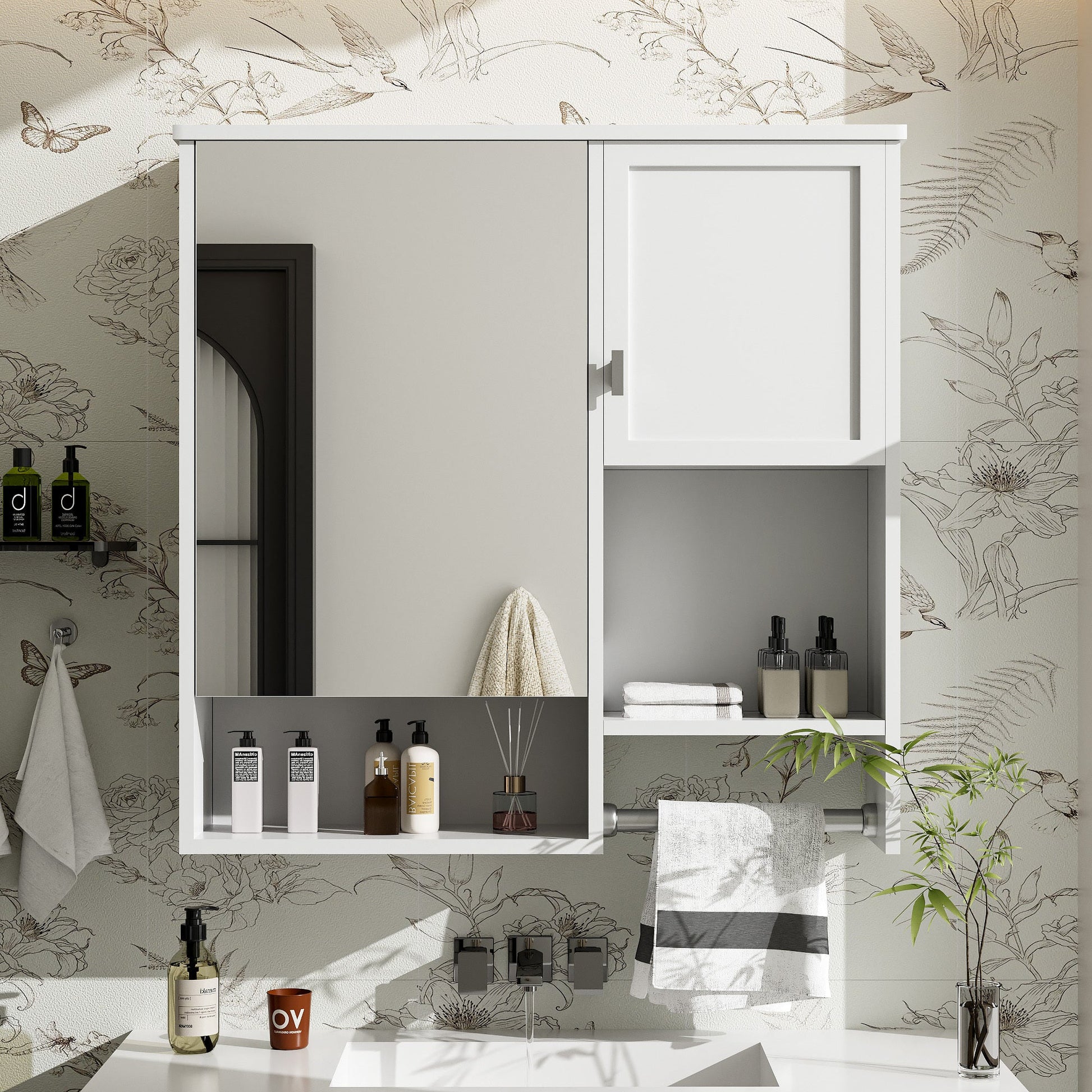 29” Wall Mounted Bathroom Medicine Cabinet with Mirror | White Storage Cabinet with Adjustable Shelves & Towel Bar - 1st Choice Furniture Direct