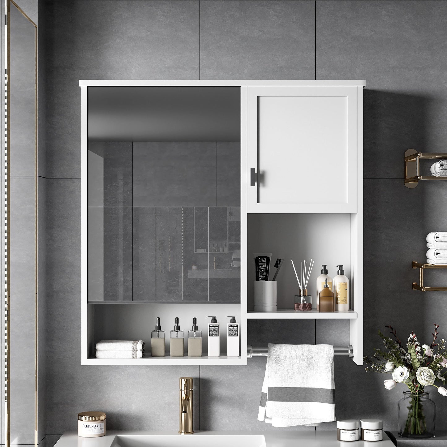 29” Wall Mounted Bathroom Medicine Cabinet with Mirror | White Storage Cabinet with Adjustable Shelves & Towel Bar - 1st Choice Furniture Direct