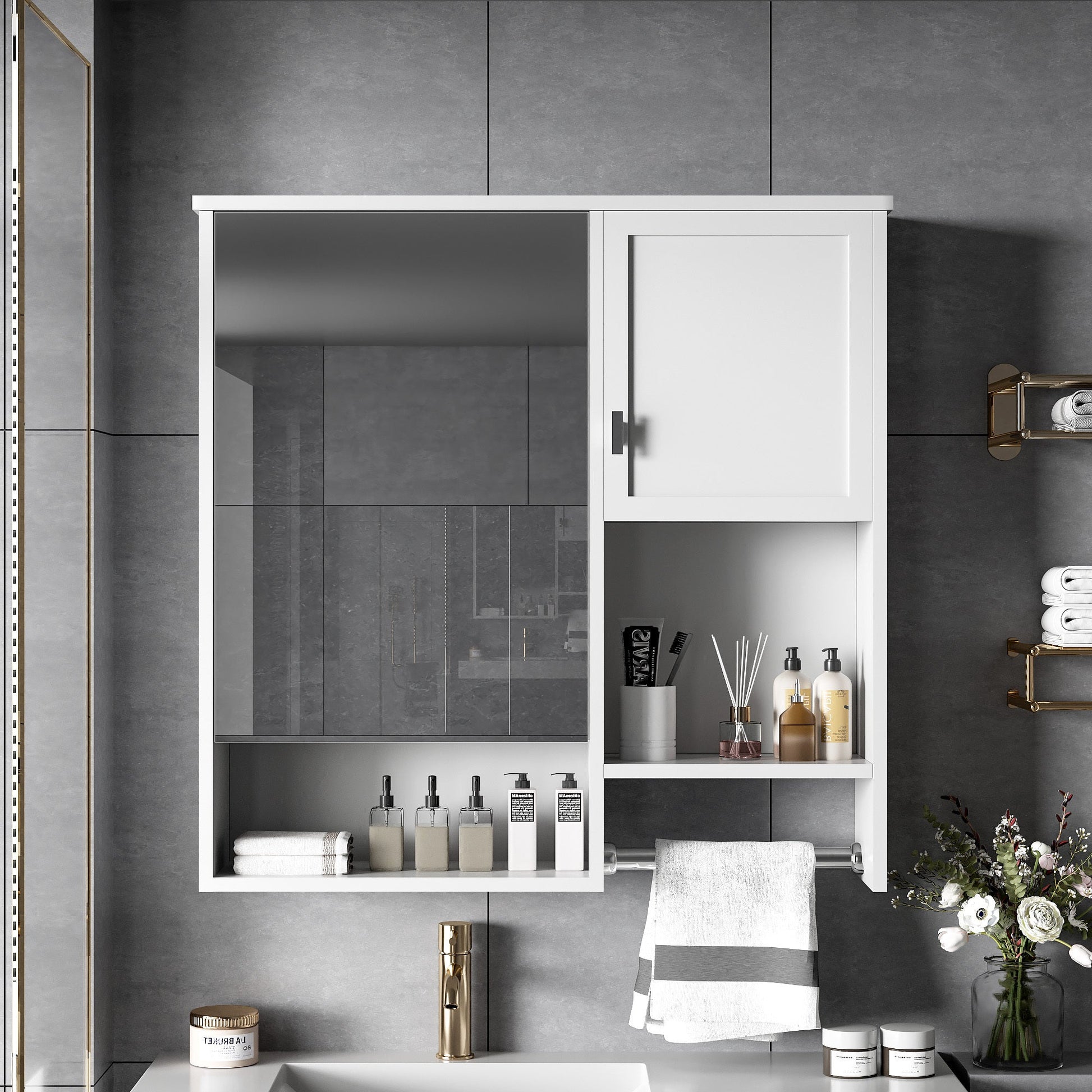 29” Wall Mounted Bathroom Medicine Cabinet with Mirror | White Storage Cabinet with Adjustable Shelves & Towel Bar - 1st Choice Furniture Direct