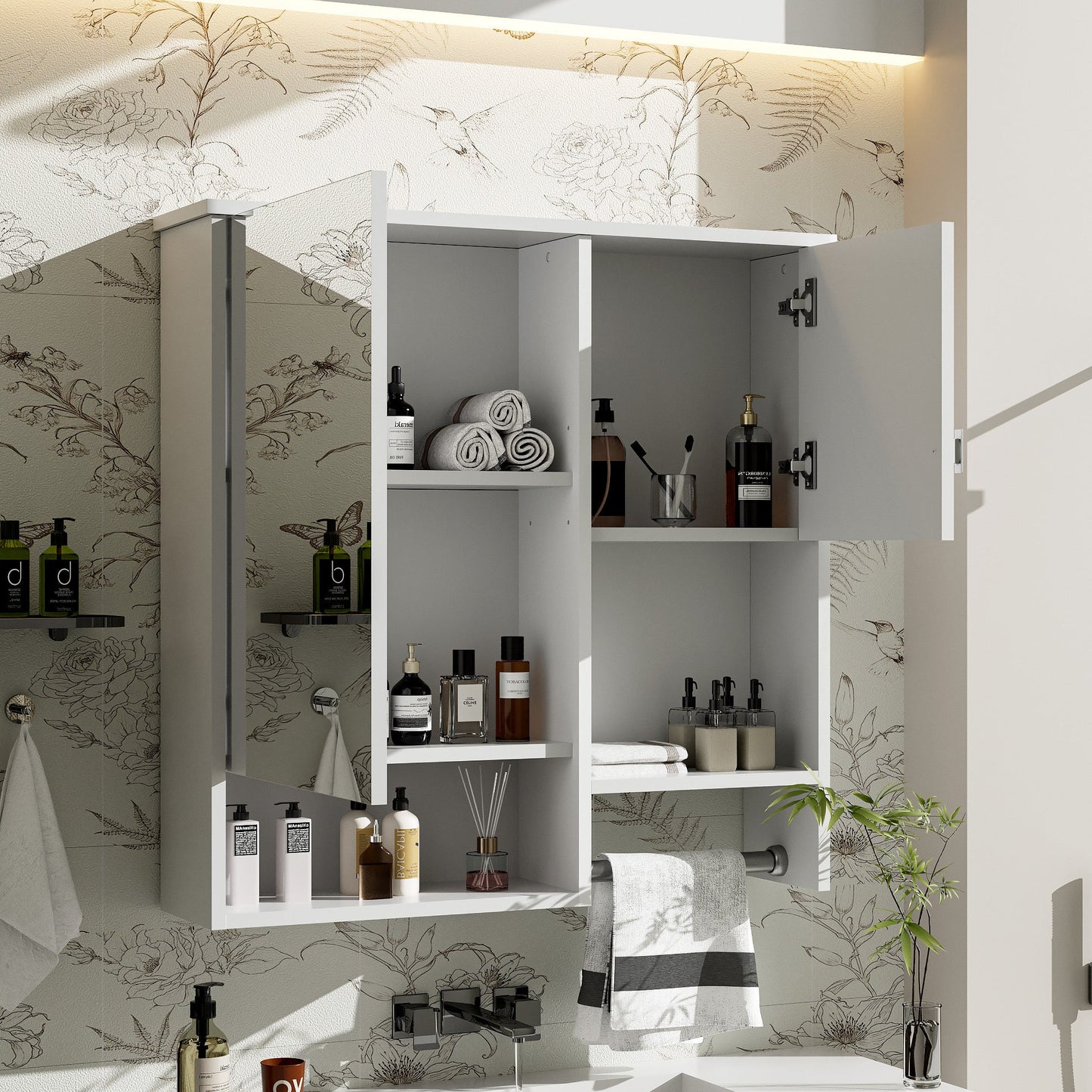 29” Wall Mounted Bathroom Medicine Cabinet with Mirror | White Storage Cabinet with Adjustable Shelves & Towel Bar - 1st Choice Furniture Direct