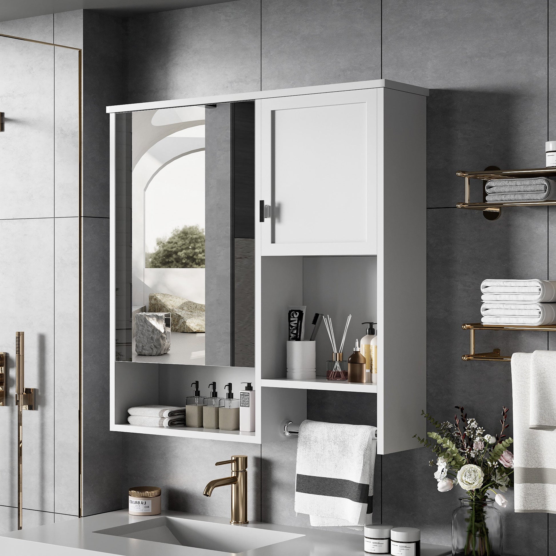 29” Wall Mounted Bathroom Medicine Cabinet with Mirror | White Storage Cabinet with Adjustable Shelves & Towel Bar - 1st Choice Furniture Direct
