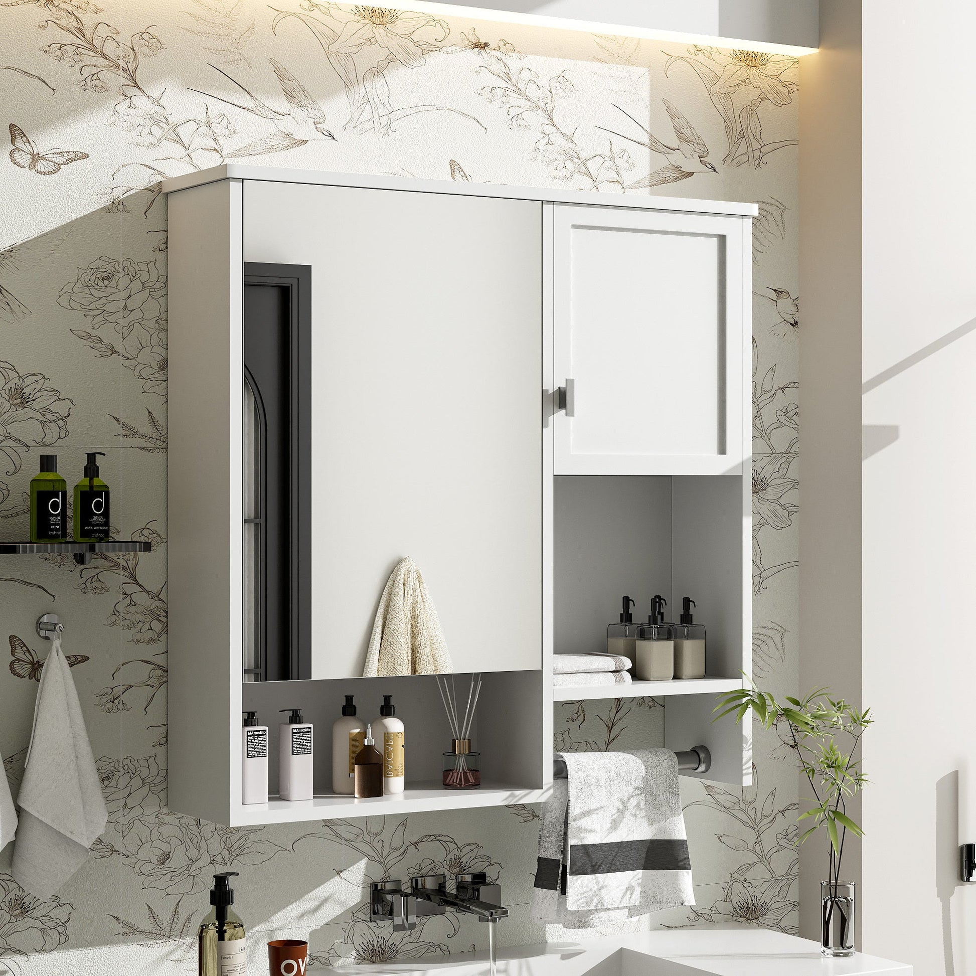 29” Wall Mounted Bathroom Medicine Cabinet with Mirror | White Storage Cabinet with Adjustable Shelves & Towel Bar - 1st Choice Furniture Direct