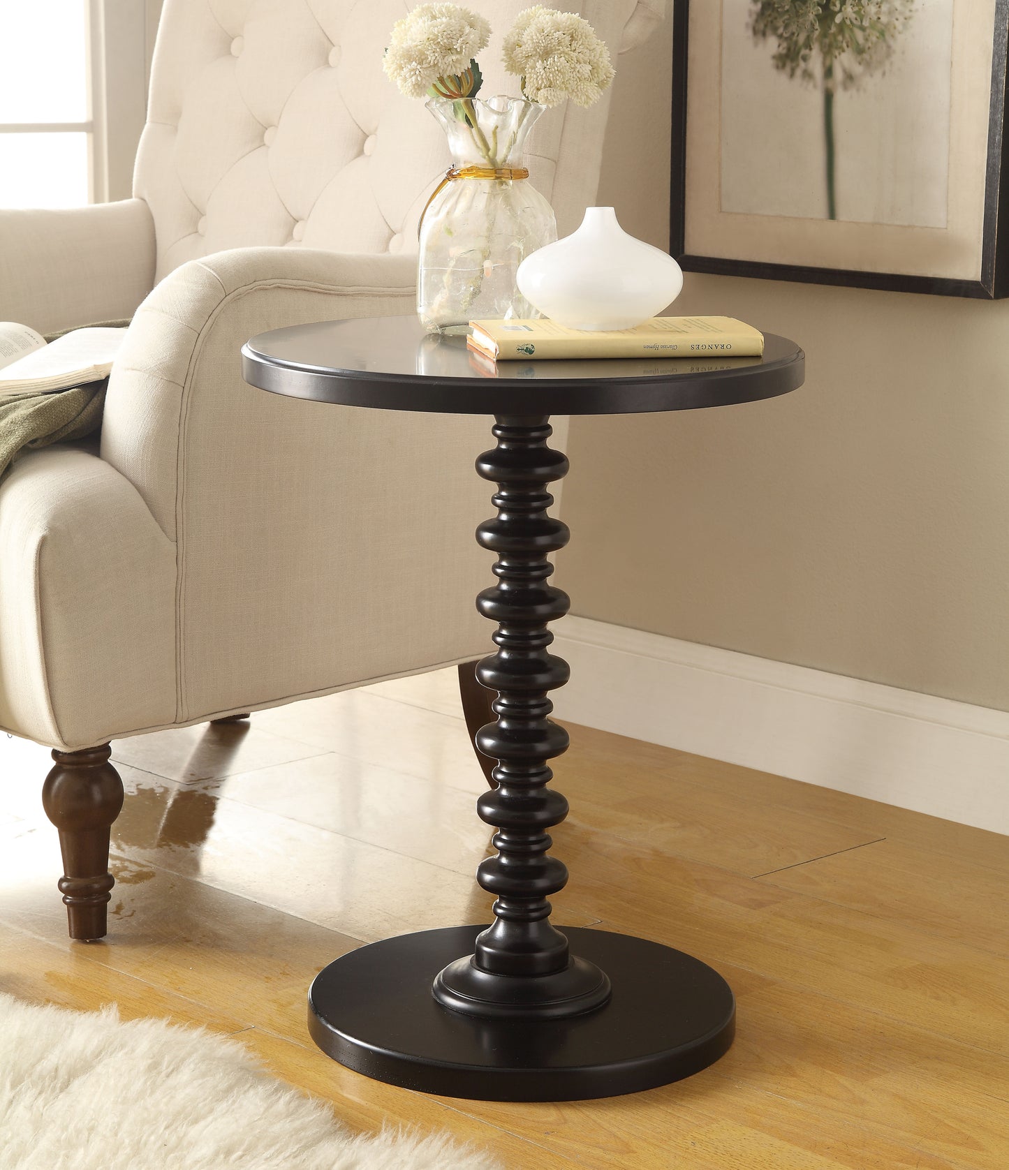 Round Black Pedestal End Table with Turned Wood Base