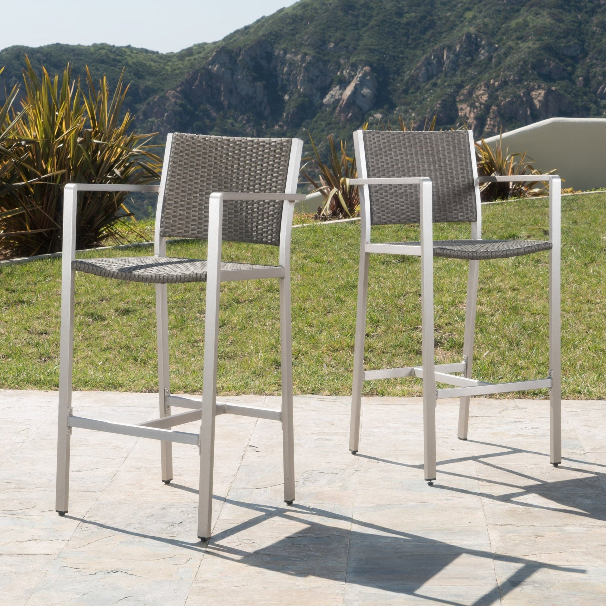 29.50' Outdoor Rust - Proof Aluminum Barstools with PE Rattan Seat and Backrest, Silver & Grey - 1st Choice Furniture Direct