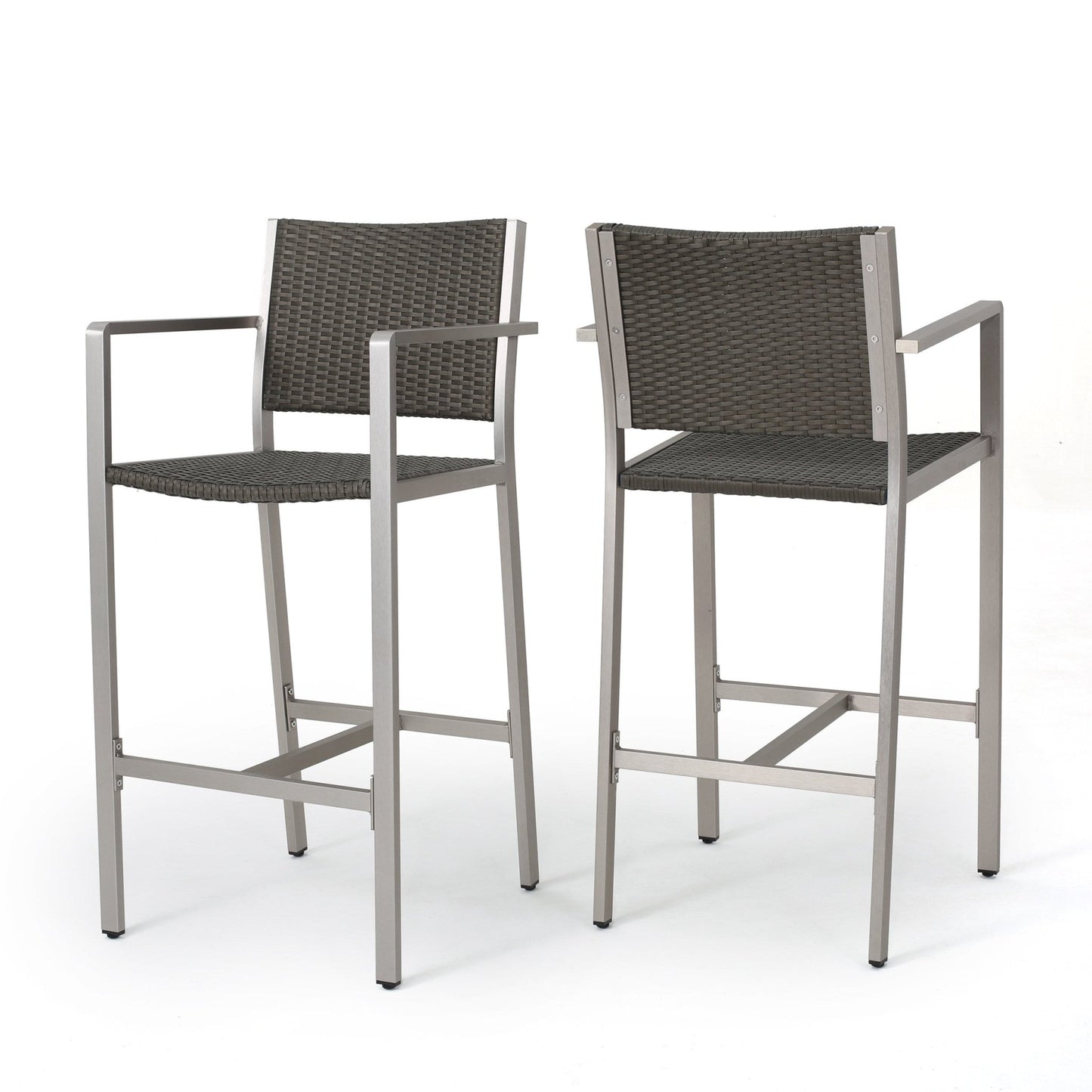 29.50' Outdoor Rust - Proof Aluminum Barstools with PE Rattan Seat and Backrest, Silver & Grey - 1st Choice Furniture Direct