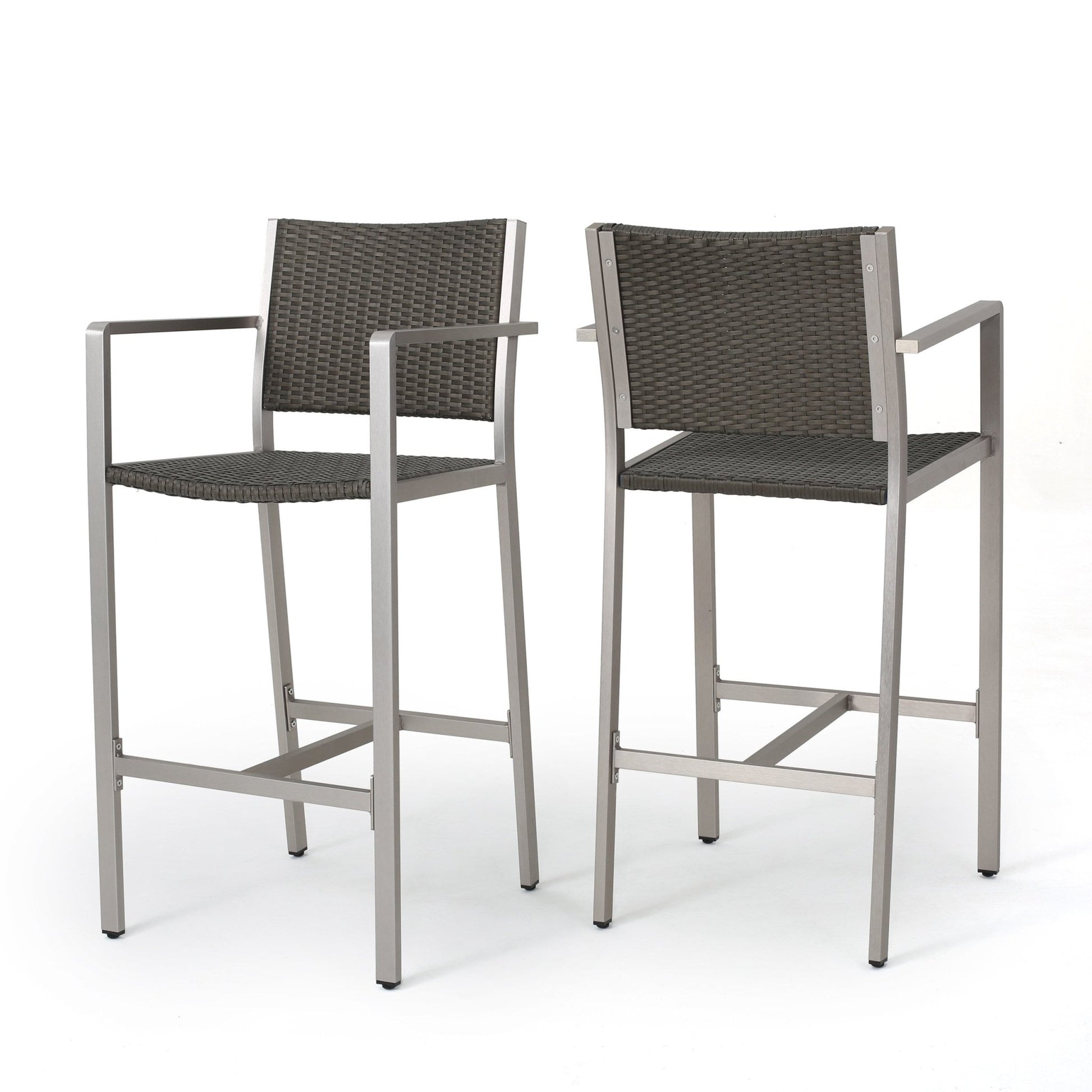 29.50' Outdoor Rust - Proof Aluminum Barstools with PE Rattan Seat and Backrest, Silver & Grey - 1st Choice Furniture Direct