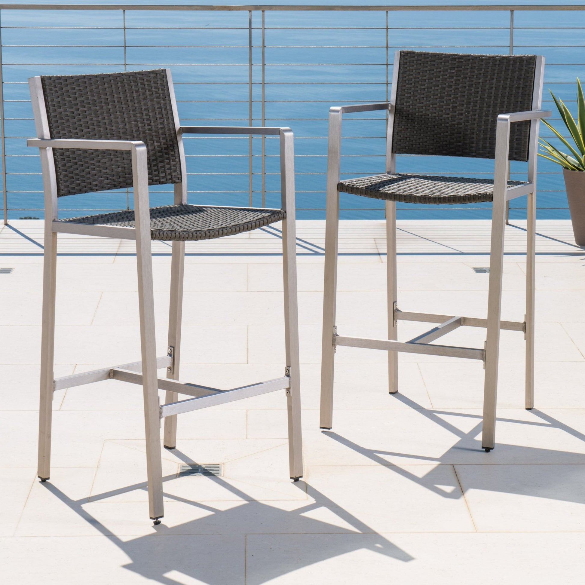 29.50' Outdoor Rust - Proof Aluminum Barstools with PE Rattan Seat and Backrest, Silver & Grey - 1st Choice Furniture Direct