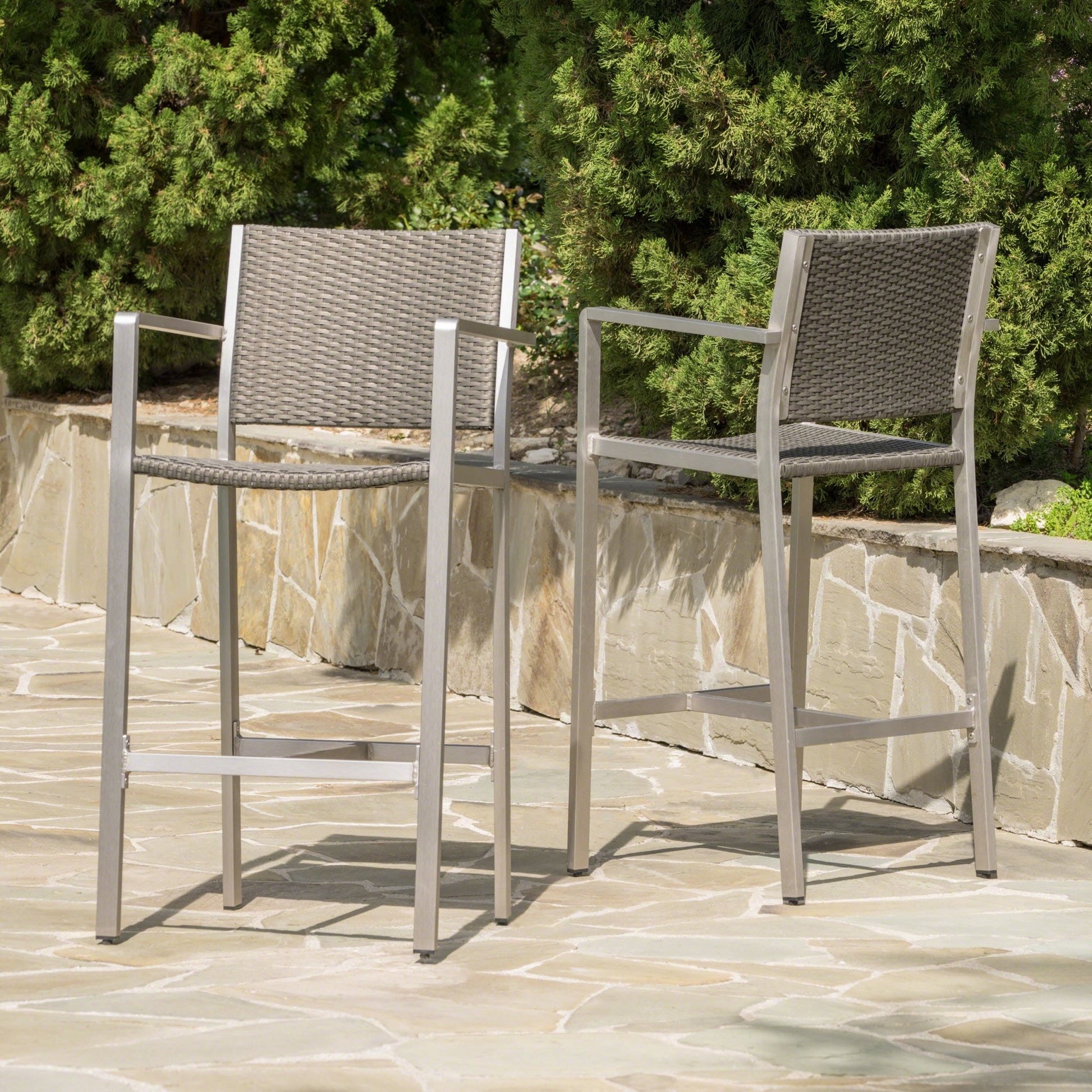 29.50' Outdoor Rust - Proof Aluminum Barstools with PE Rattan Seat and Backrest, Silver & Grey - 1st Choice Furniture Direct