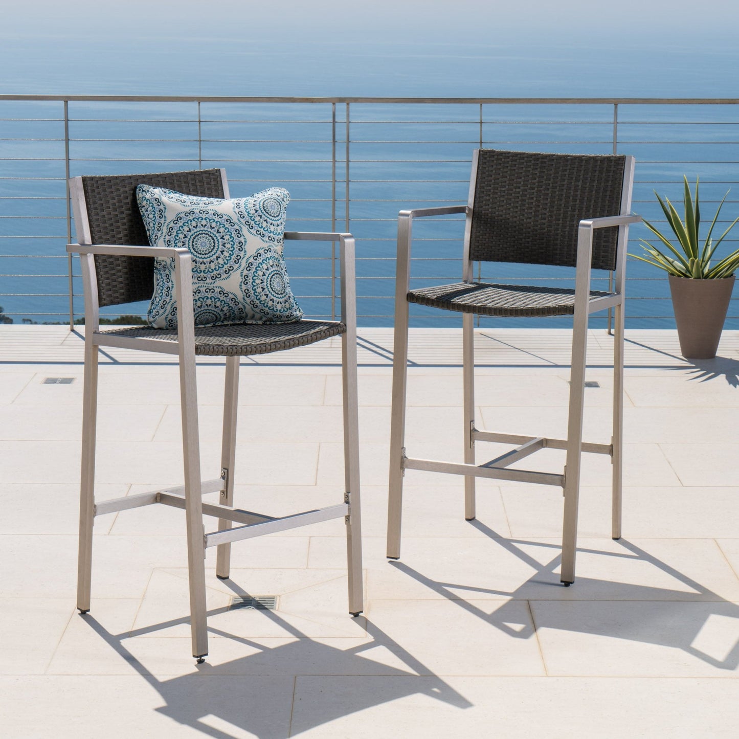 29.50' Outdoor Rust - Proof Aluminum Barstools with PE Rattan Seat and Backrest, Silver & Grey - 1st Choice Furniture Direct