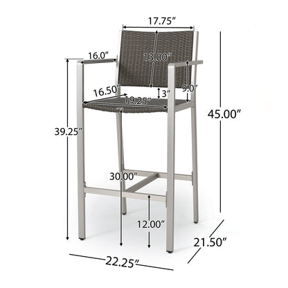 29.50' Outdoor Rust - Proof Aluminum Barstools with PE Rattan Seat and Backrest, Silver & Grey - 1st Choice Furniture Direct
