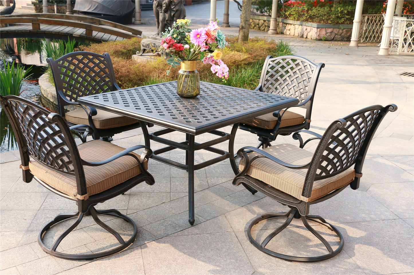 Square 4 - Person 43.19' Long Aluminum Dining Set with Dupione Brown Cushions