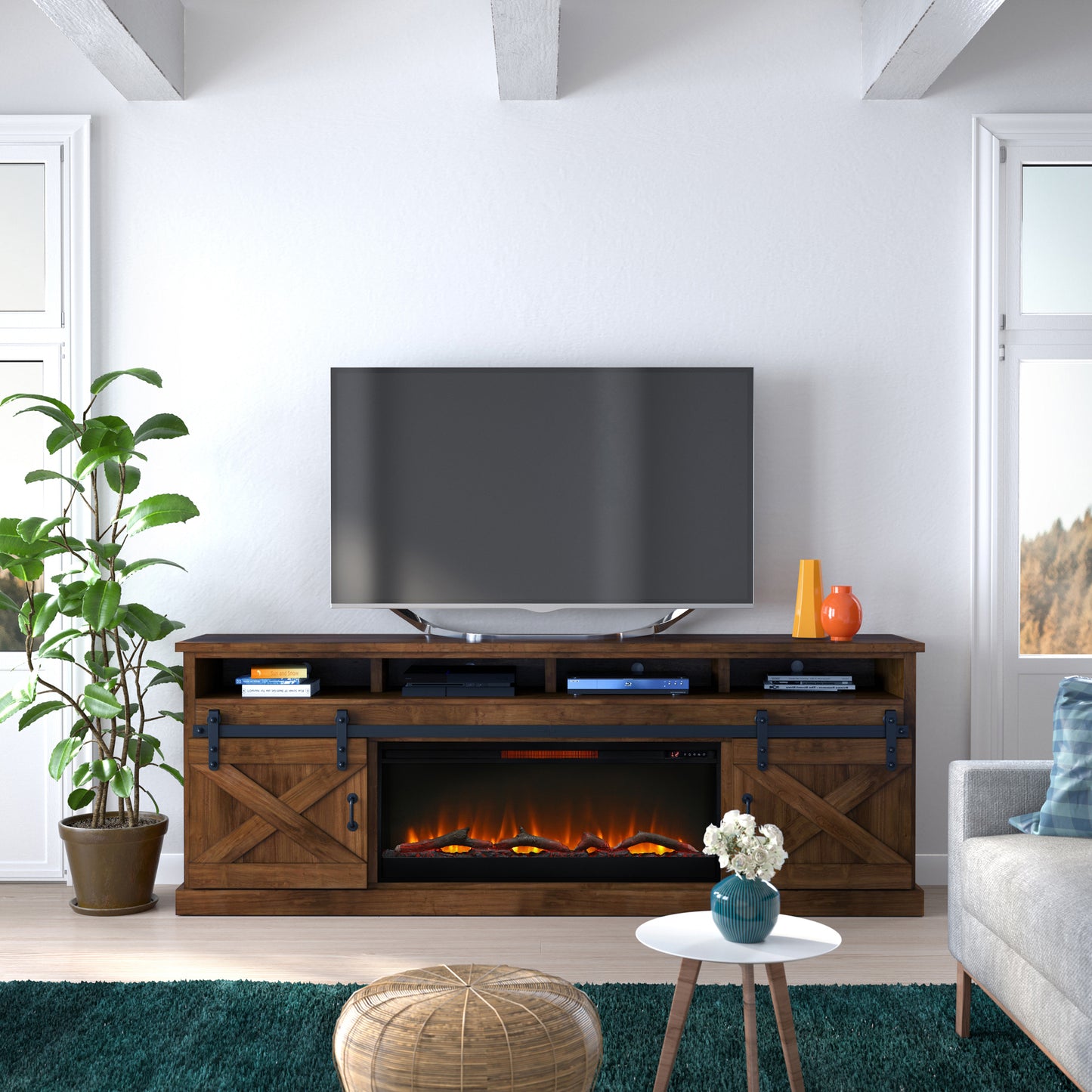 93 inch Electric Fireplace TV Stand for TVs up to 100 inches, Minimal Assembly, Aged Whiskey Finish