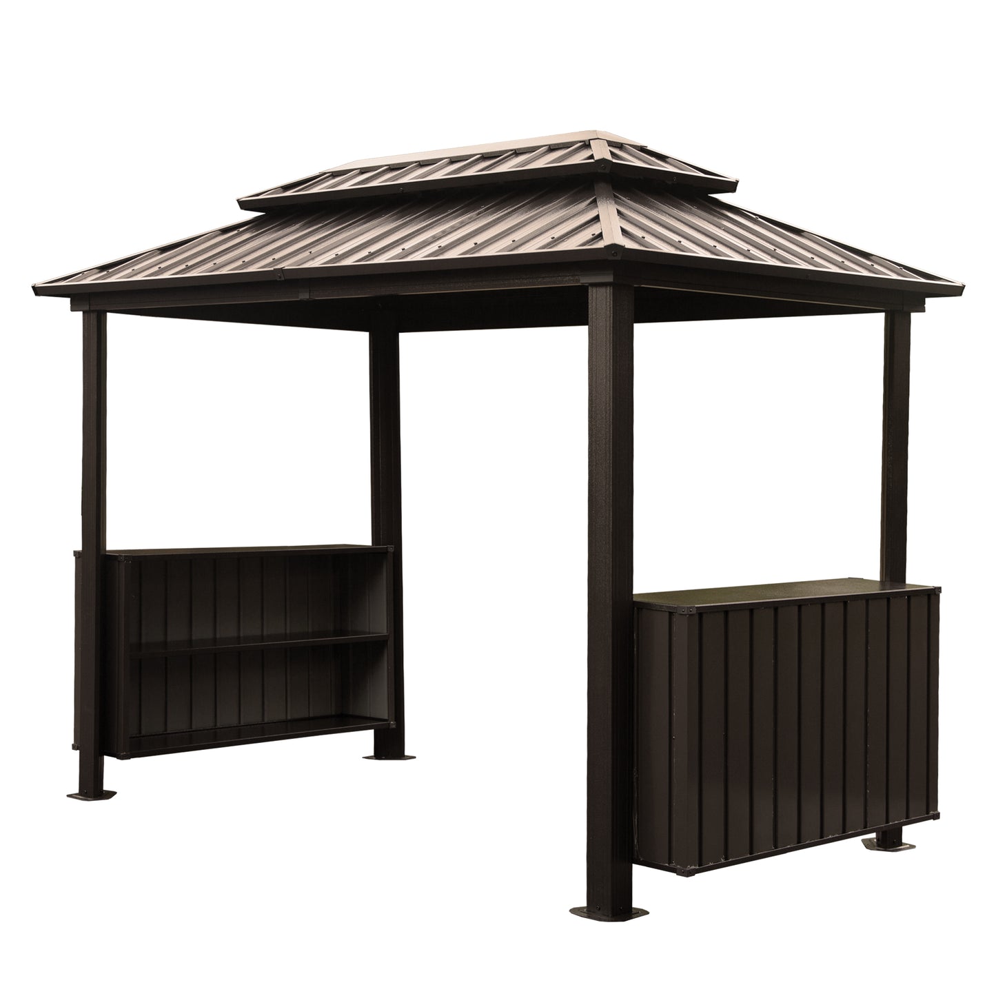 6x10FT Hardtop Grill Gazebo, Outdoor BBQ Gazebo with Double Galvanized Steel Roof, Patio Grill Canopy with 2 Cabinets and Ceiling Hooks for Backyard, Lawn, Garden, Brown