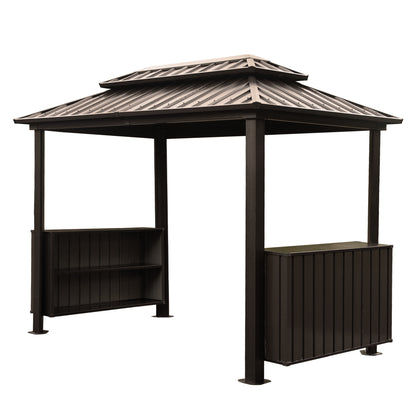 6x10FT Hardtop Grill Gazebo, Outdoor BBQ Gazebo with Double Galvanized Steel Roof, Patio Grill Canopy with 2 Cabinets and Ceiling Hooks for Backyard, Lawn, Garden, Brown