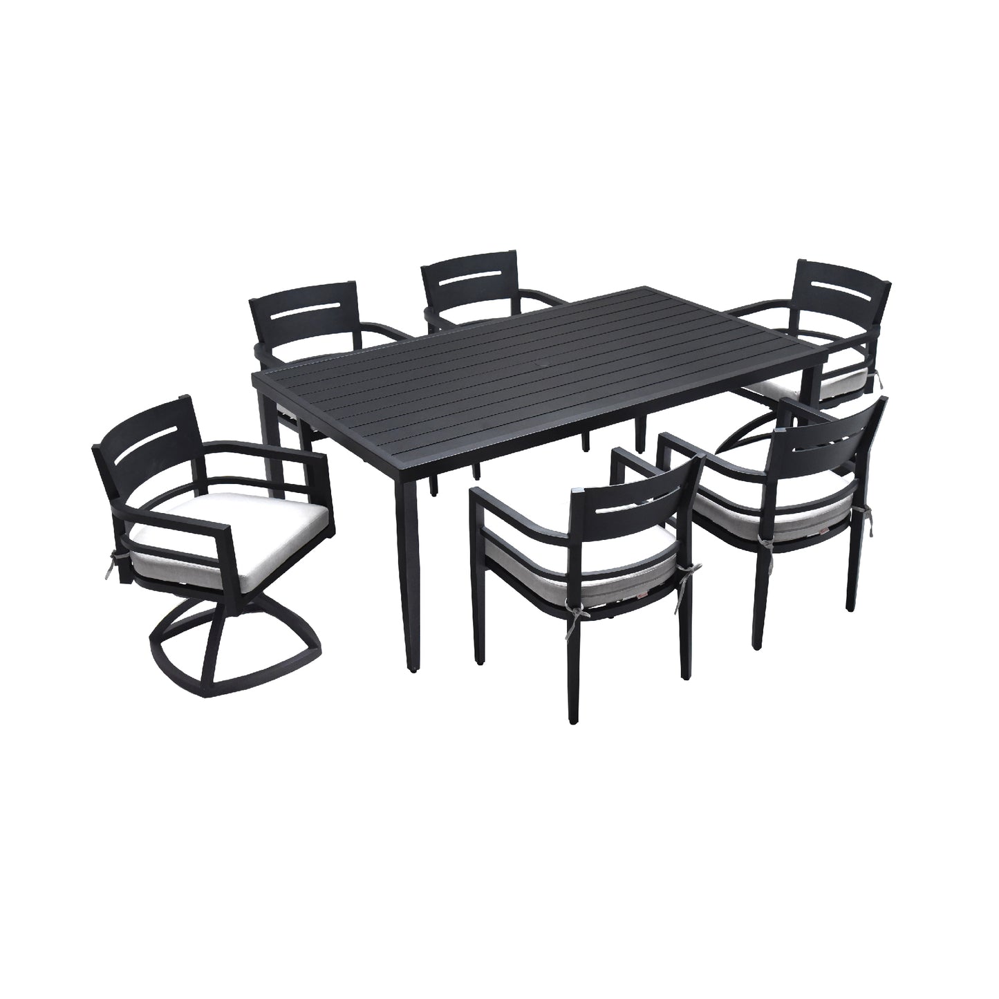 7-Piece Outdoor Patio Aluminum Furniture, Modern Dining Set, including 4 Dining Chairs & 2 Swivel Rockers Sunbrella Fabric Cushioned and Rectangle Dining Table with Umbrella Hole, Ember Black