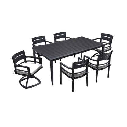 7-Piece Outdoor Patio Aluminum Furniture, Modern Dining Set, including 4 Dining Chairs & 2 Swivel Rockers Sunbrella Fabric Cushioned and Rectangle Dining Table with Umbrella Hole, Ember Black