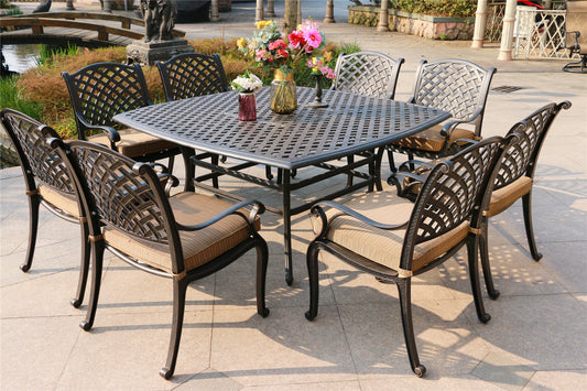 Square 8 - Person 63.98' Long Dining Set with Dupione Brown Cushions