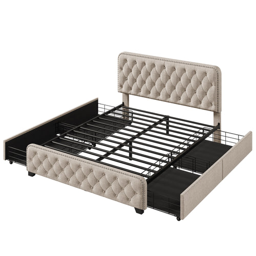 1st Choice Upholstered Platform Bed Frame with Four Drawers Button Tufted