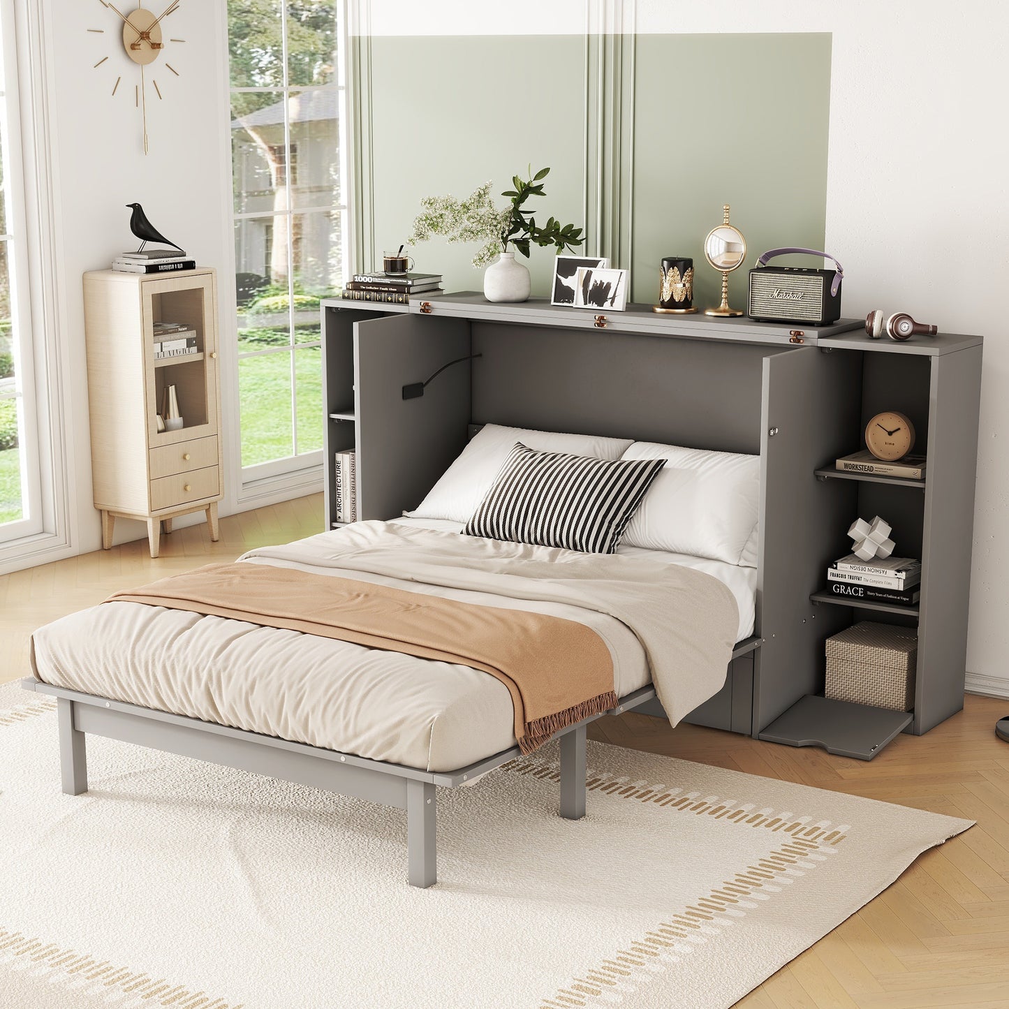 Full Size Murphy Bed with Shelves, Drawers and USB Ports,Gray