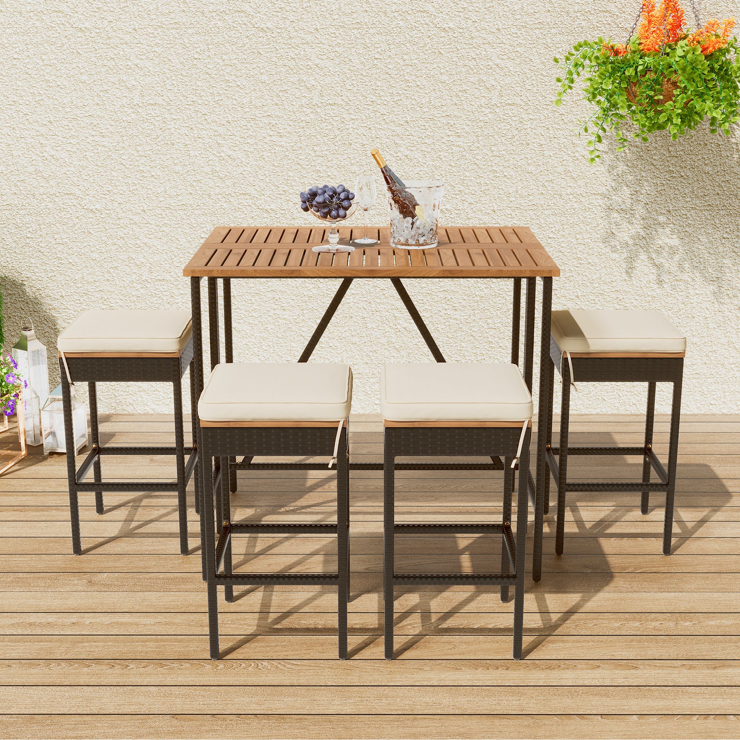 1st Choice 5pc Outdoor Wood Bar Height Table And 4 Stools w/ Cushions