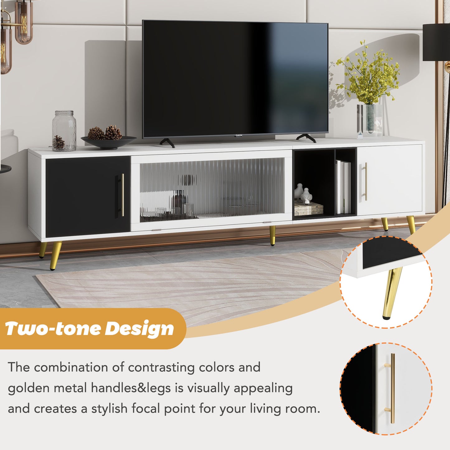 1st Choice Stylish TV Stand Two-tone Media Console with Golden Metal