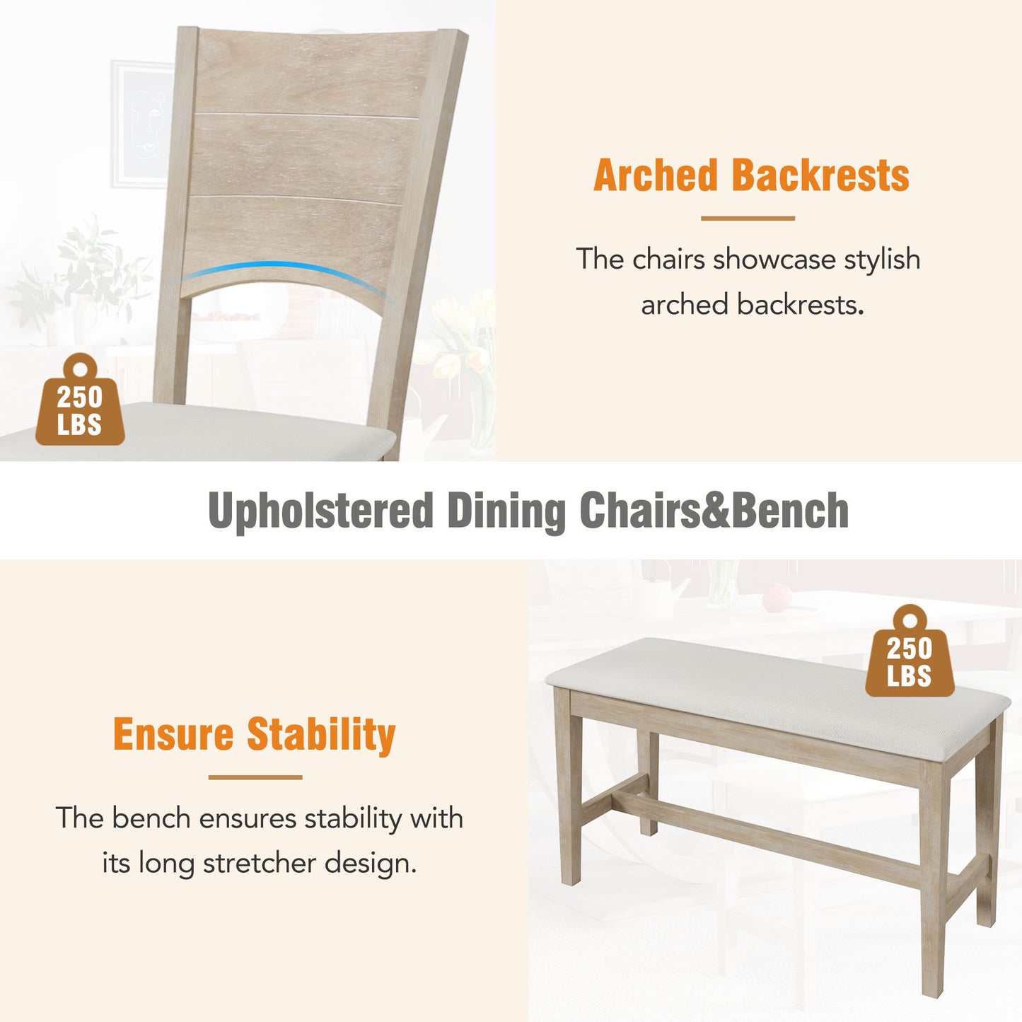 1st Choice 6-Piece Modern Dining Set | Solid Wood | Padded Chairs & Bench