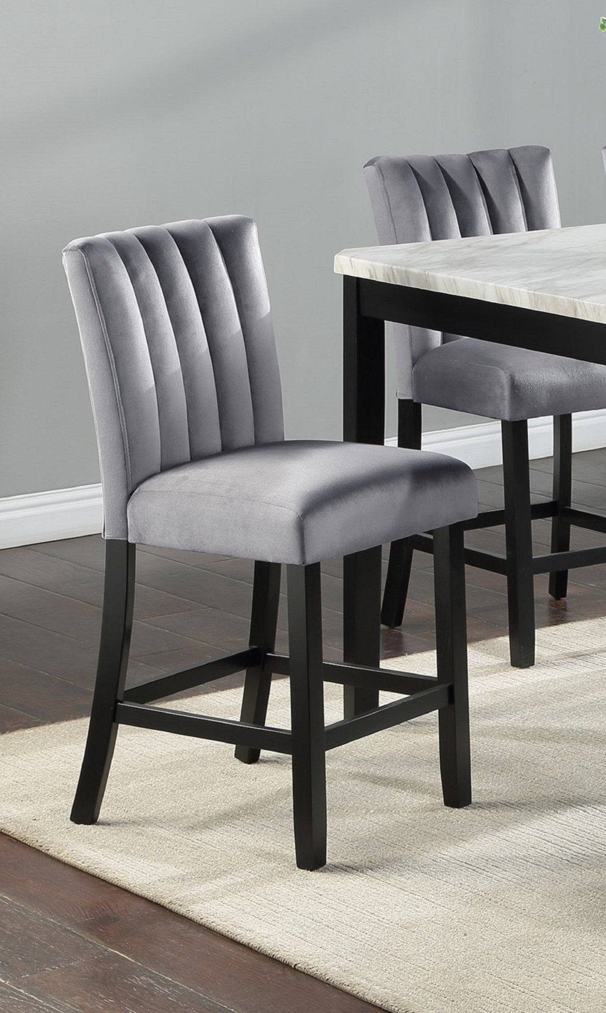 2pc Casual Upholstered Counter Height Velvet Upholstery Chair Channel Tufted Back Wooden Dining Room Furniture Gray Black - 1st Choice Furniture Direct