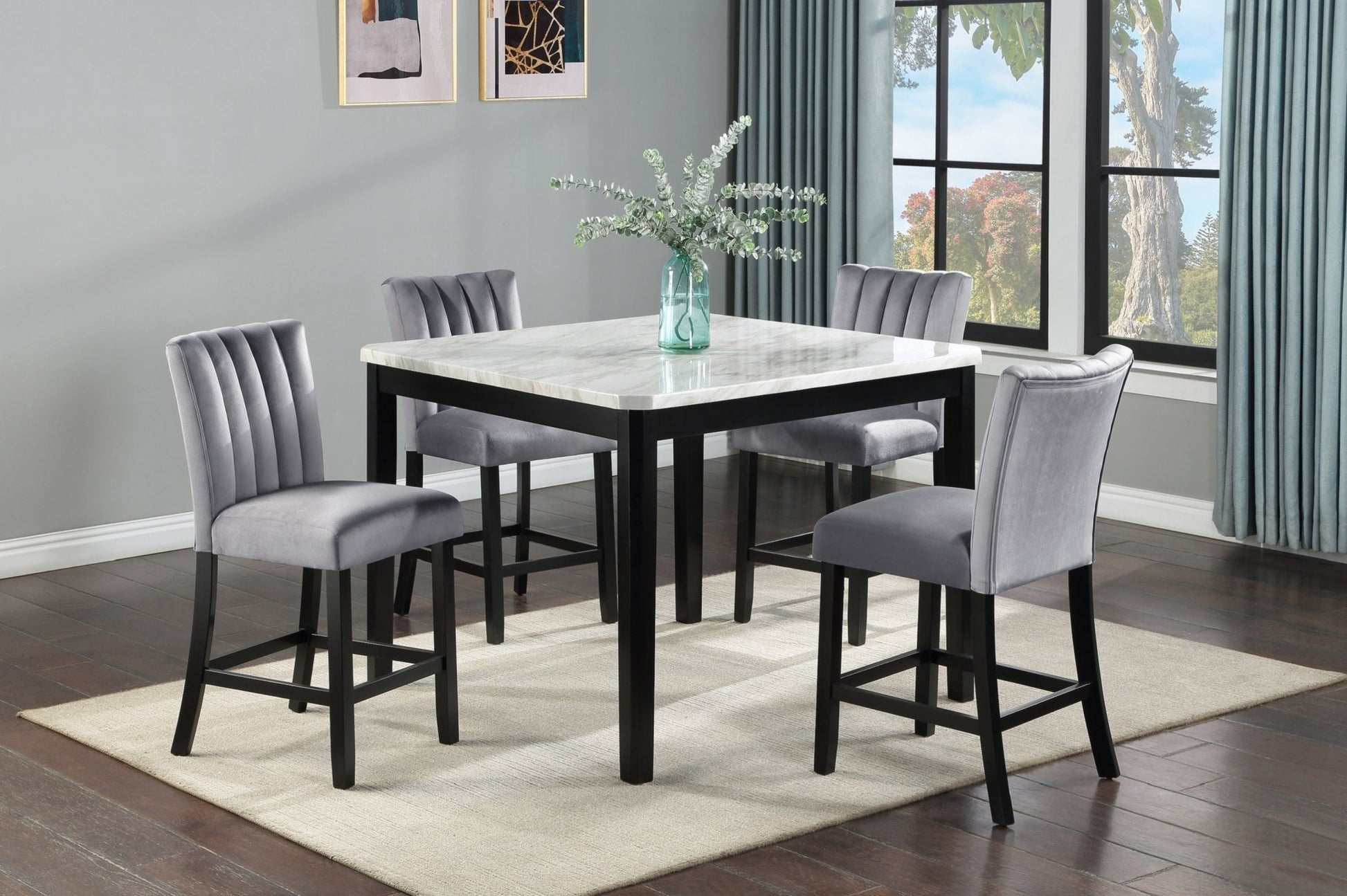 2pc Casual Upholstered Counter Height Velvet Upholstery Chair Channel Tufted Back Wooden Dining Room Furniture Gray Black - 1st Choice Furniture Direct