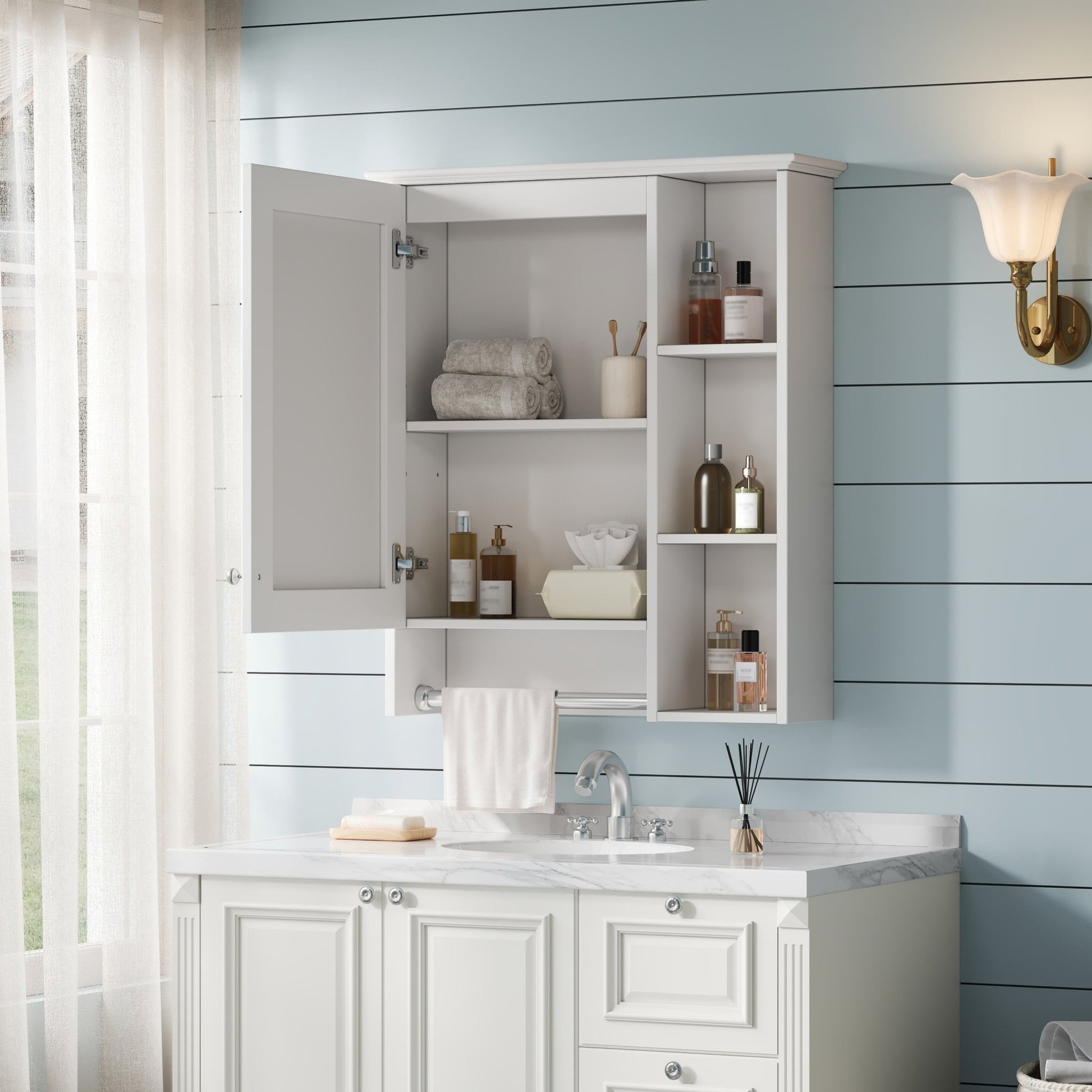3 - in - 1 Wall - Mounted Bathroom Mirror Cabinet with Adjustable Shelf and Towel Bar, White Solid Wood Finish, 24 - inch Modern Storage Cabinet - 1st Choice Furniture Direct