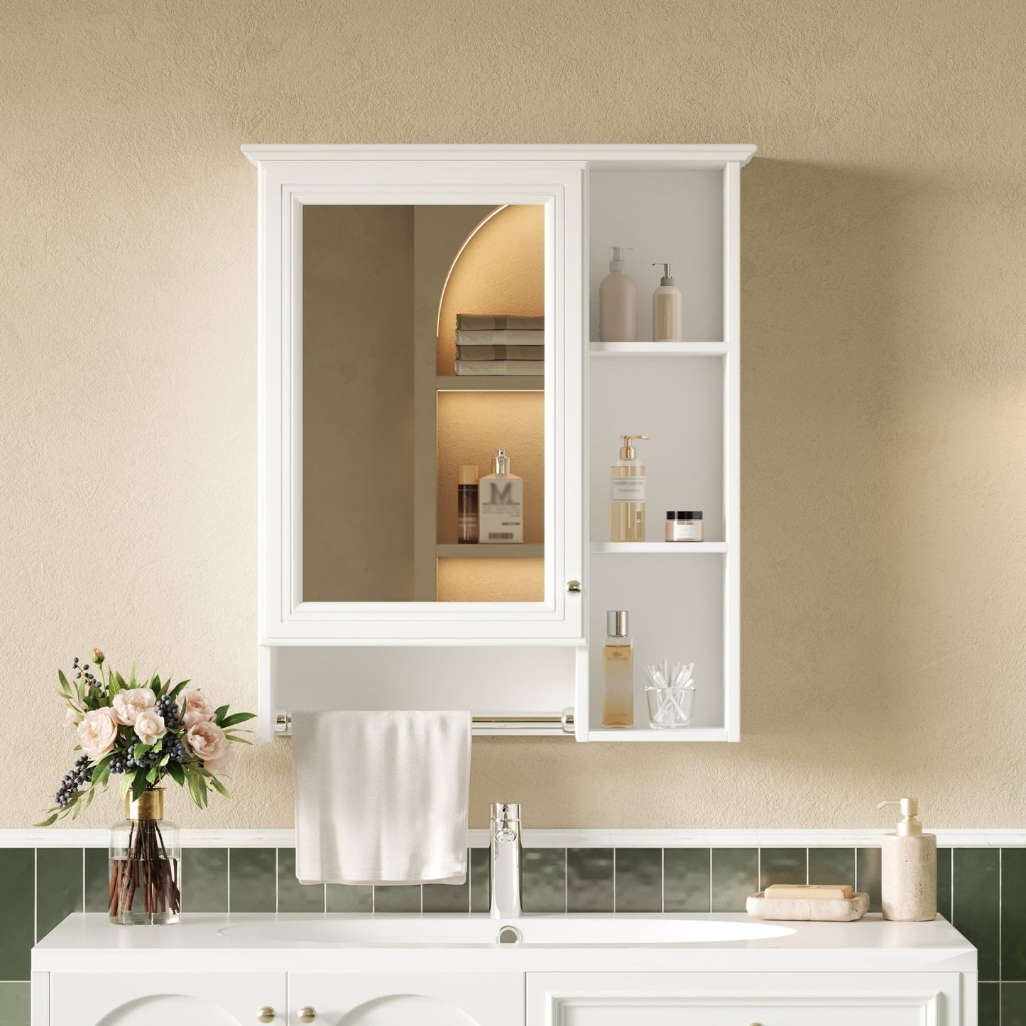 3 - in - 1 Wall - Mounted Bathroom Mirror Cabinet with Adjustable Shelf and Towel Bar, White Solid Wood Finish, 24 - inch Modern Storage Cabinet - 1st Choice Furniture Direct